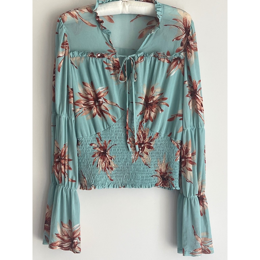 Ember Floral Mesh Cropped Blouse  Smocked Waist Ruffled Neckline With Tie Aqua L